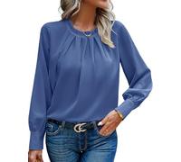 HANERDUN Womens Frill Mock Neck Puff Long Sleeve Blouses Dressy Pleated Front Work Shirts Business Casual Spring Tops Blue