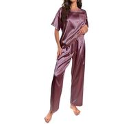 HANERDUN Women's Satin Pyjama Set Silk Pyjamas for Women Short Sleeve Pjs with Long Pajama Pants Soft Sleepwear Set Loungewear for All Seasons S-XL Dark Purple