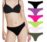 Hanes Premier Underwear Set, 6-Pack, Luxe Fit No-Show Microfiber Thongs for Women, Moisture-Wicking Panties, Green, Fuchsia, Plum, Purple, Deep Pine, Black, M