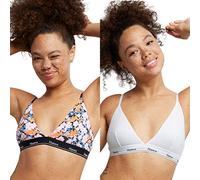 Hanes Women's Originals Triangle Bralette Pack, Breathable Stretch Cotton Bras, 2-Pack, Opaque, Blue Floral Print/White, L