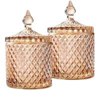 HANFCO® 2Pcs 10oz Glass Cotton Bud Holder Dispenser Cotton Pad Holder Amber Jars With Lid Bathroom Accessory Makeup Vanity Cotton Balls Wool Swab Pads Q Tip Candle Holder Apothecary Jars (Amber)