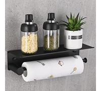 HANFU Kitchen Roll Holder Wall Mounted, Kitchen Paper Towel Rack Self Adhesive No Drilling, Aluminum Kitchen Roll Holders with Spacious Storage Shelf for Kitchen Bathroom, 34cm/13.4in, Black