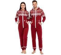 Hanger Craft Unisex Hooded Jumpsuit Pyjamas Zip Up All-in-One - Wine Red Printed Design Lounge Wear, Soft Fleece Onesie for Men & Women (L)