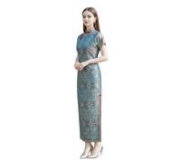 HangErFeng Exquisite Silk Song Brocade Cheongsam Traditional Patterns Band Neck Side Slit Ankle Dress 3903, Blue, Medium
