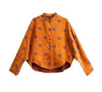 HangErFeng Women Silk Blouse Xiangyunsha Print Mandarin Collar Batwing Sleeve Irregular Hem Elegant Wear 562