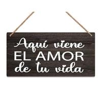 Hanging Aquí Viene El Amor De Tu Vida Wood Ring Bearer Sign Spanish Rustic Wood Decor Farmhouse Retro Metal Tin Sign 8X12 Inches