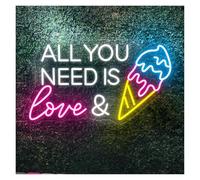 Hanging Art Neon Signs All You Need is Love & Ice Cream Neon Sign, Ice Cream Bar Neon Light Sign Restaurant Wall Decor 25cmx45cm