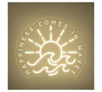 Hanging Art Neon Signs Happiness Comes in Waves Neon Sign Sign Ocean Wave Light Dimmable for Vacation Sea Summer Vacay Wall Decor(C,50cm)