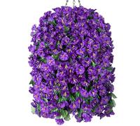 Hanging Artificial Flowers Basket, Fake Hanging Plant, Silk Orchid Flowers, Faux Flower Arrangement for Outdoor Garden Yard Pouch Patio Indoor Home Decoration (Purple)