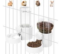Hanging Automatic Pet Food Water Dispenser, 1L Auto Gravity Pet Feeder and 1L Water Dispenser Set, 34oz Cage Cat Dog Food and Water Dispenser for Kitten Puppy Bunny Guinea Pig (White)