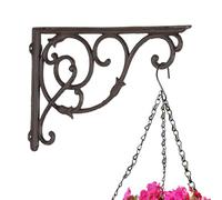 Hanging Basket Bracket Antique Brown Cast Iron Plant Hanger Hooks (Large) | Heavy Duty, Recycled Metal, Ornate Scrolled Finish, Vintage Style, Wall Mounted, Garden Decor