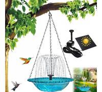 Hanging Bird Bath Fountain 3 Layers, 9.84''W Cascade Glass Water Bowl with Solar Powered Pump, Birdbath Attracts Hummingbirds & Garden Birds for Outdoors Garden Patio Backyard Lawn Decor (Blueb)