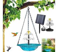 Hanging Bird Bath Fountain 3 Layers, 9.84''W Cascade Glass Water Bowl with Solar Powered Pump, Birdbath Attracts Hummingbirds & Garden Birds for Outdoors Garden Patio Backyard Lawn Decor (Blue)
