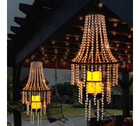 Hanging Candle Chandelier Outdoor, Battery Operated Clear Acrylic Beaded Chandelier with Flickering Led Candle Light S Hooks Modern Lantern for Garden Yard Patio Gazebo Room Indoor Decorations, 28”H