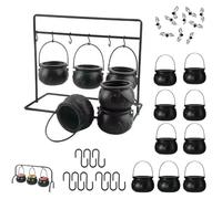 Hanging Cauldron Food Holder, 2025 New Black Plastic Witches Cauldron Serving Bowls on Rack, Indoor Table Mini Halloween Decor, Large Candy Servers Bucket Kit for Home Kitchen Decoration(C Set)