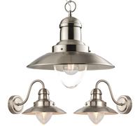 Hanging Ceiling Pendant & 2X Single Wall Light Pack | Industrial Satin Nickel & Clear Glass Shade Set | Matching Indoor Lamp Fittings | Modern Lounge Feature Lighting kit | LED & Dimmable Bulb