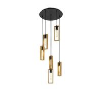 Hanging Ceiling Pendant Light Black & Wood 6 Bulb Multi Lamp Hallway Feature
