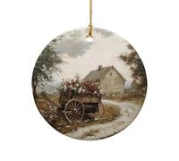 Hanging Ceramic Rustic Old-Fashioned Wagon Filled With Flowers Art Christmas Hanging Pendants Circle Christmas Tree Ornaments For Friends Kids Anniversary