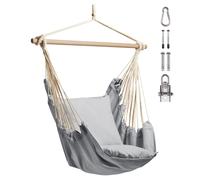 VonHaus Hanging Chair Outdoor with Attachments - Grey Garden Swing Seat & Hammock Chair, 1 Seater Rope Neutral Boho Style Portable Garden Seat for Garden, Patio, Terrace & Decking