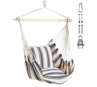VonHaus Hanging Chair Outdoor with Attachments - Blue & White Stripe Garden Swing Seat & Hammock Chair, 1 Seater Rope Neutral Boho Style Portable Garden Seat for Garden, Patio, Terrace & Decking