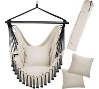 tectake® Hanging Chair in Boho Hammock Style with Tassels, Thick Cushions, Breathable Fabric, Side Pocket & Drink Holder, Incl. Carrying Bag - Durable Swing Chair for Indoor & Outdoor Use - Beige
