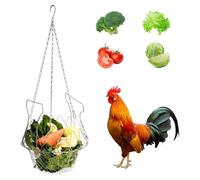 Hanging Chicken Feeder, Foldable Poultry Feeding Holder 9In Stainless Steel Feeder Basket Vegetable Fruit Feeding Dispenser with 3 Chain Veggie Treat Ball Boredom Toys for Chickens Ducks Geese Birds