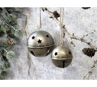 Hanging Christmas Bell with Cut Out Stars, Christmas Bauble Decoration, Festive Xmas Round Ball Bell, Antique Brass Decorative Metal Ball Bell