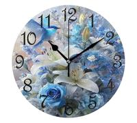 Hanging Clock,White Blue Bird Daisy Roses Flowers,Decorative Digital Wall Clocks Easy To Read Decor Clocks for Living Room Bathroom 25cm
