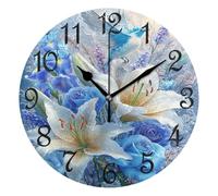 Hanging Clock,White Blue Flowers Bird Lilies Roses,Modern Round Clocks Silent Non-Ticking Digital Wall Clocks for Kitchen Living Room 25cm