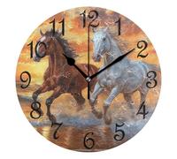 Hanging Clock,White Brown Horse Running,Quartz Round Clocks Large Number Decor Clocks for Bedroom Kitchen 25cm