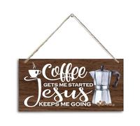 Hanging Coffee Wood Decor Sign, Coffee Gets Me Started Jesus Keeps Me Going, Hanging Printed Wooden Plaque Decor, Coffee Bar Sign, Rustic Farmhouse Kitchen Wall Decor Sign 12x6 inch (K1)