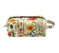 Hanging Cosmetic Bag, Antique Botanical Wildflowers Floral Herbs Water-Resistant Toiletry Travel Bag for Women Men Girls, Portable Leather Makeup Small Pouch