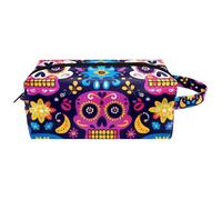 Hanging Cosmetic Bag, Colorful Day of The Dead Skull Cute Pattern Water-Resistant Toiletry Travel Bag for Women Men Girls, Portable Leather Makeup Small Pouch