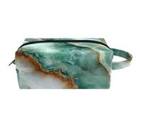 Hanging Cosmetic Bag, Green Aqua Tone Marble Texture Water-Resistant Toiletry Travel Bag for Women Men Girls, Portable Leather Makeup Small Pouch