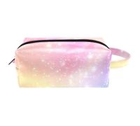 Hanging Cosmetic Bag, Pink Fantasy Sky with Glitter Stars Pattern Water-Resistant Toiletry Travel Bag for Women Men Girls, Portable Leather Makeup Small Pouch