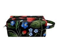 Hanging Cosmetic Bag, Strawberry Plant with Leaves Blue Meadow Flower Water-Resistant Toiletry Travel Bag for Women Men Girls, Portable Leather Makeup Small Pouch