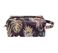 Hanging Cosmetic Bag, Watercolor Indian Elephant Pineapple Tropical Leaves Water-Resistant Toiletry Travel Bag for Women Men Girls, Portable Leather Makeup Small Pouch