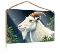 Hanging Decor Door A White Goat with Golden Horns Stands Amidst Lush Greenery Under A Starry Night Sky Wooded Sign Wooden Plaques for Crafts Plaque Sign(20X30CM)