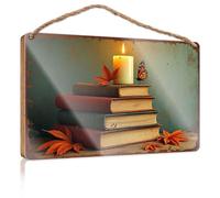 Hanging Decor Outdoor Porch Autumnal Candlelight: A Stack Of Books With Falling Leaves Wooded Sign Hanging Wooden Sign Diy Front Porch Decor(15X28CM)