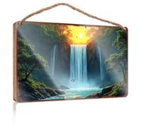 Hanging Decor Outdoor Porch Sunset Serenity: A Waterfall'S Majestic Glow Wooded Sign Hanging Wooden Sign Diy Front Porch Decor(20X30CM)