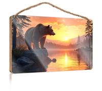 Hanging Decor Sign A Bear Stands On A Rock by A Serene Lake As The Sun Sets Patio Decorations Outdoor Gifts for Husbands(20X30CM)