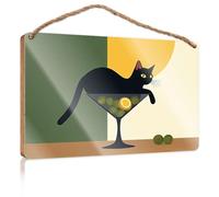Hanging Decor Sign A Black Cat is Sitting in A Martini Glass Patio Decorations Outdoor Gifts for Husbands(23X35CM)
