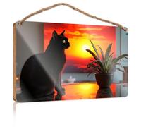 Hanging Decor Sign A Black Cat Sits On A Table Next to A Potted Plant Patio Decorations Outdoor Gifts for Husbands(15X28CM)
