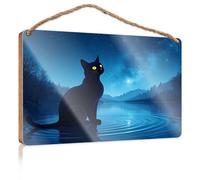 Hanging Decor Sign A Black Cat Sits On Water Under A Starry Night Sky Patio Decorations Outdoor Gifts for Husbands(20X30CM)