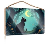 Hanging Decor Sign A Black Cat Sits Under A Crescent Moon in A Forest Patio Decorations Outdoor Gifts for Husbands(23X35CM)