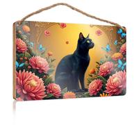 Hanging Decor Sign A Black Cat Surrounded by Vibrant Flowers and Butterflies Patio Decorations Outdoor Gifts for Husbands(23X35CM)