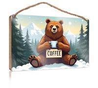 Hanging Decor Sign A Cartoon Bear Holding A Coffee Cup in A Snowy Forest Patio Decorations Outdoor Gifts for Husbands(20X30CM)