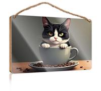 Hanging Decor Sign A Cat Sitting in A Coffee Cup Surrounded by Beans Wood Kitchen Decor Front Door Decor(23X35CM)