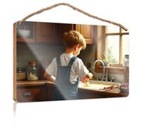 Hanging Decor Sign A Child Washes Dishes in A Sunny Kitchen Patio Decorations Outdoor Gifts for Husbands(20X30CM)