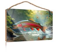 Hanging Decor Sign A Colorful Fish Leaps Out of The Water, Surrounded by Butterflies Wood Kitchen Decor Front Door Decor(15X28CM)